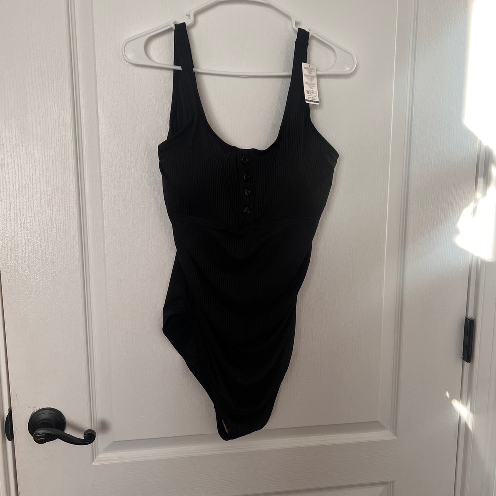 Summer Mae Womens XL Black Ribbed Henley One Piece Swimsuit Ruched Sides NWT